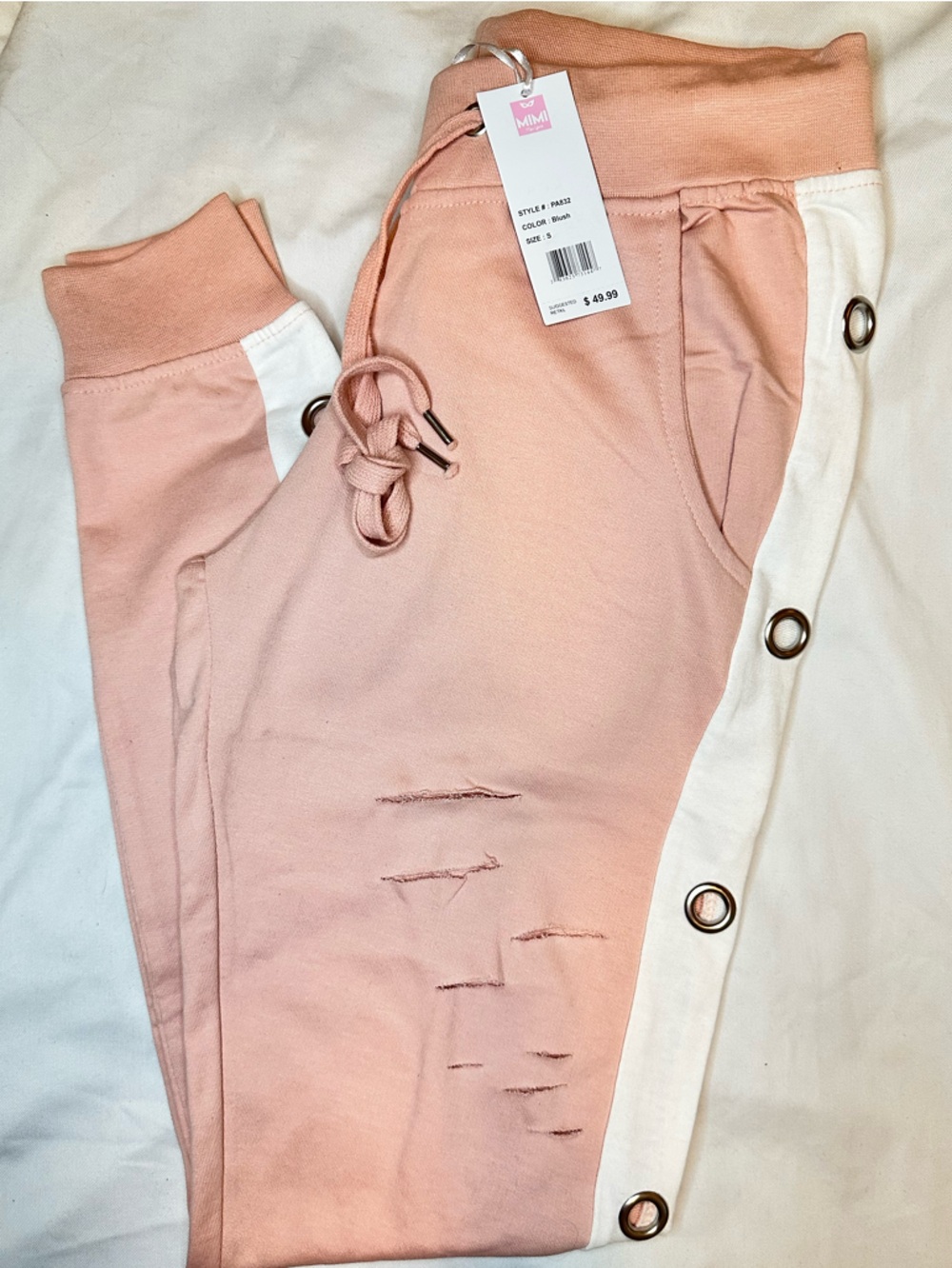 Mimi New York Joggers Blush Pink Distressed Snap Side Sweatpants NWT Size S